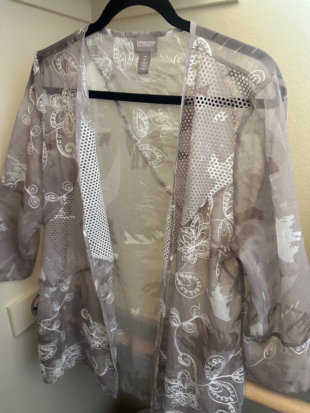 Chico's Taupe Sheer Floral Embroidered Kimono